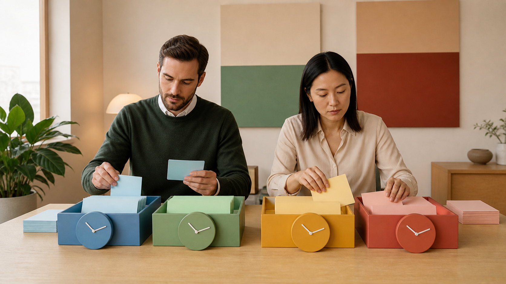 Finance team sorting blank exception cards into four unbranded aging stages