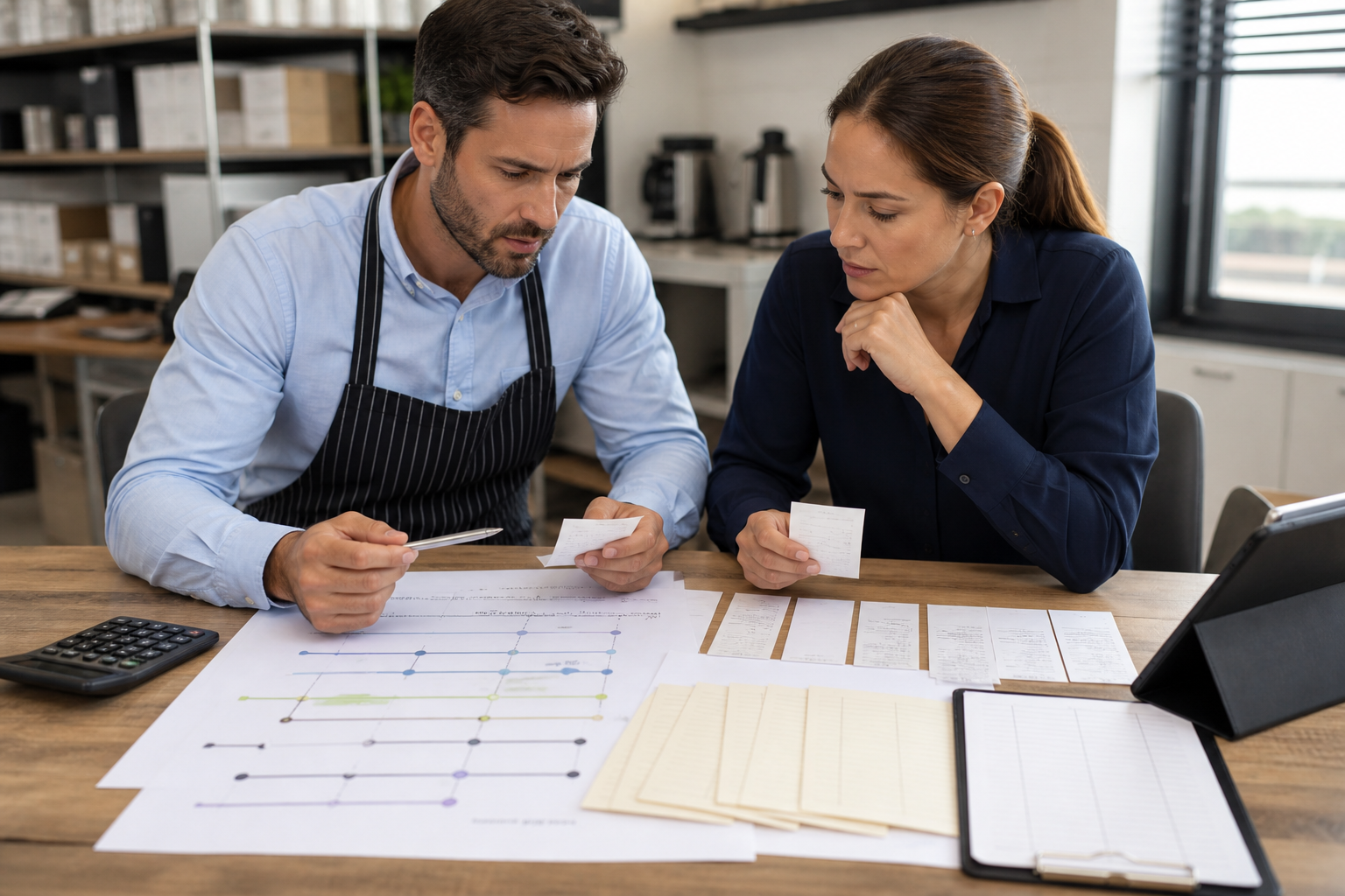 Finance and restaurant operations staff reconciling unbranded receipt and refund records